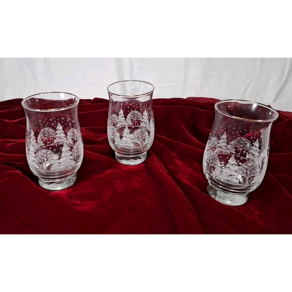 Set of 3 Winter Forest Frosted Glass Votive Candle Holders Gold Rim Christmas